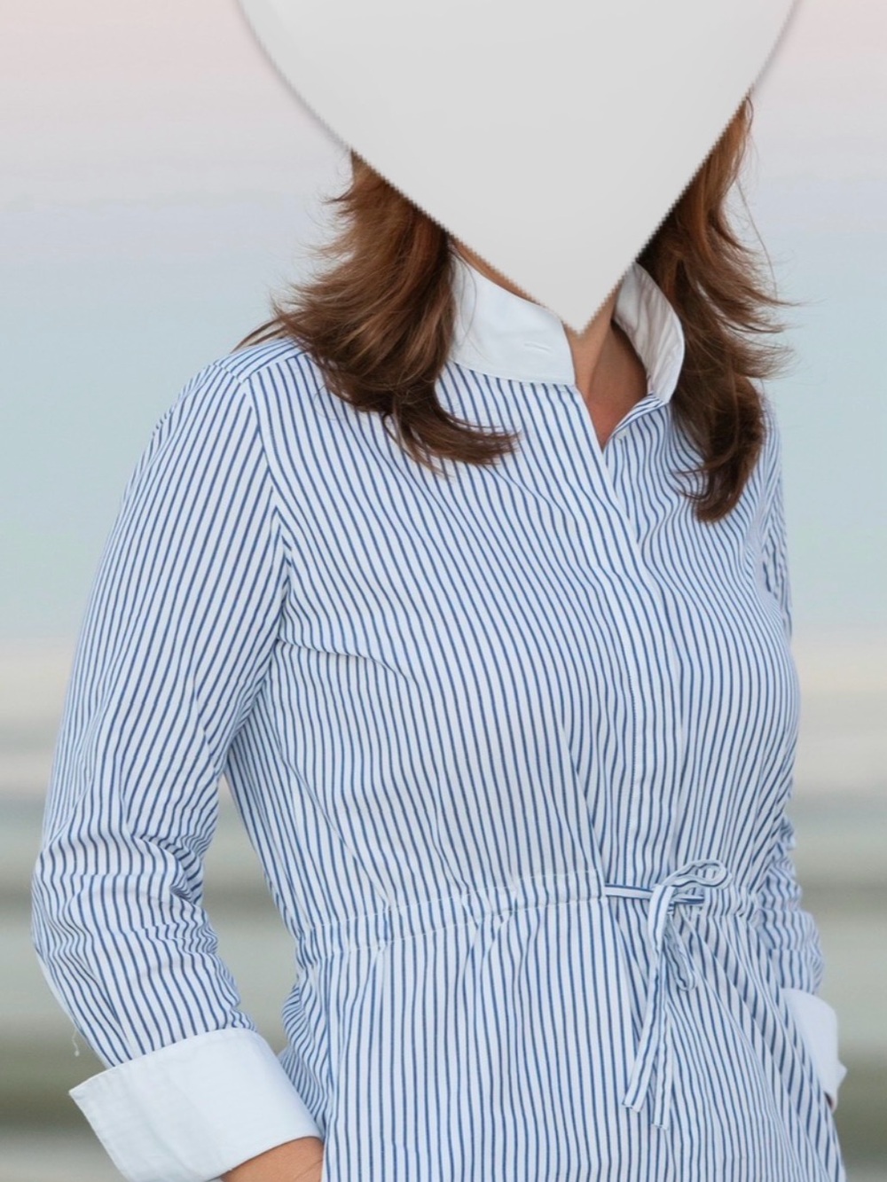 Blue and White Striped Mini Shirt Dress with Drawstring Waist